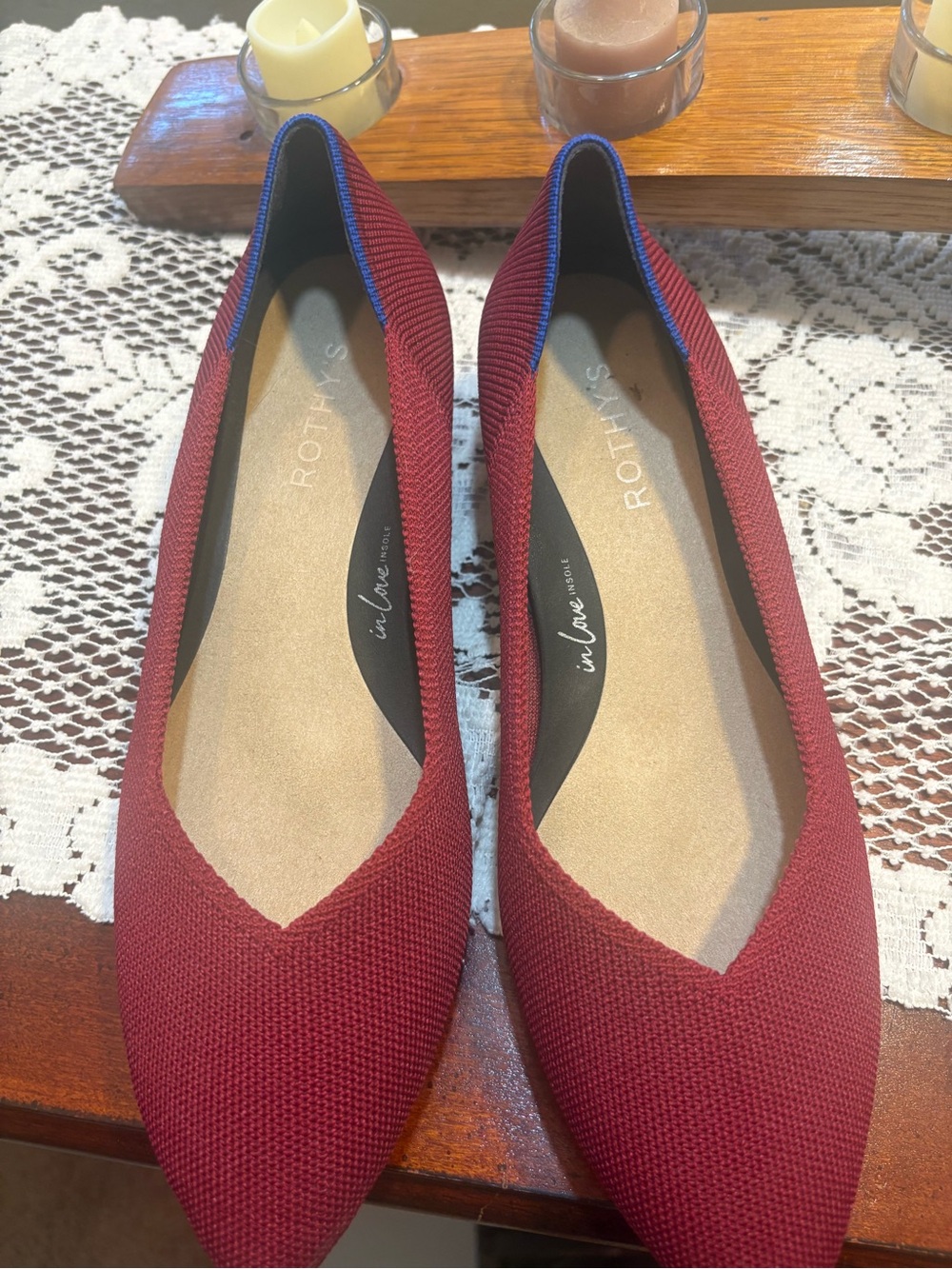Rothy's Women's Burgundy Pointed Knit kitten heels with Blue Trim